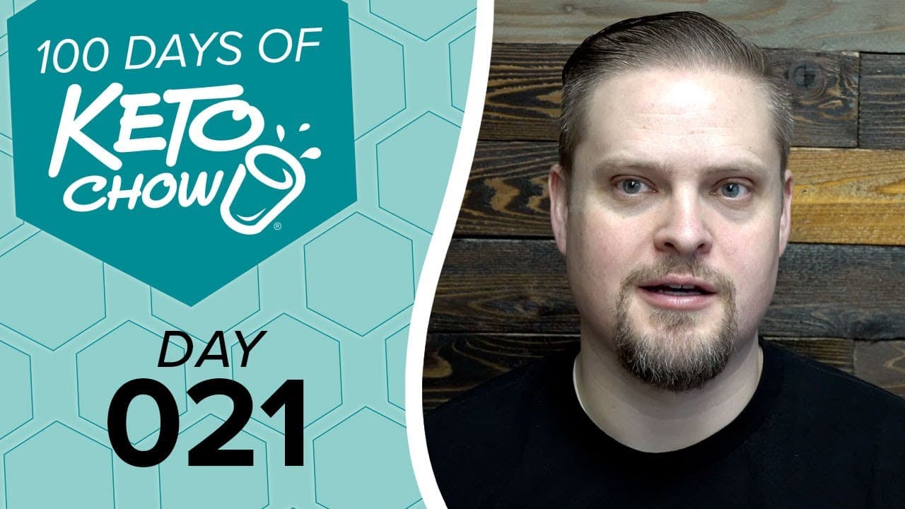 Keto Chow branding. White 100 DAYS OF KETO CHOW text and cup logo on dark teal. DAY 021 in black on light teal hexagonal pattern.