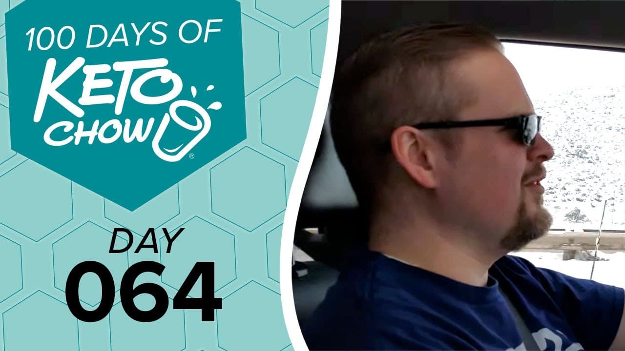 Teal graphic with 100 DAYS OF KETO CHOW in white text and a stylized cup logo. Below, DAY 064 in black text.