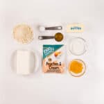 Peaches and Cream Crumb Bar ingredients: cream cheese, Keto Chow, egg, butter, flour, and spices.