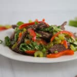 Close up of sliced beef, red peppers, celery and other veggies on a white plate