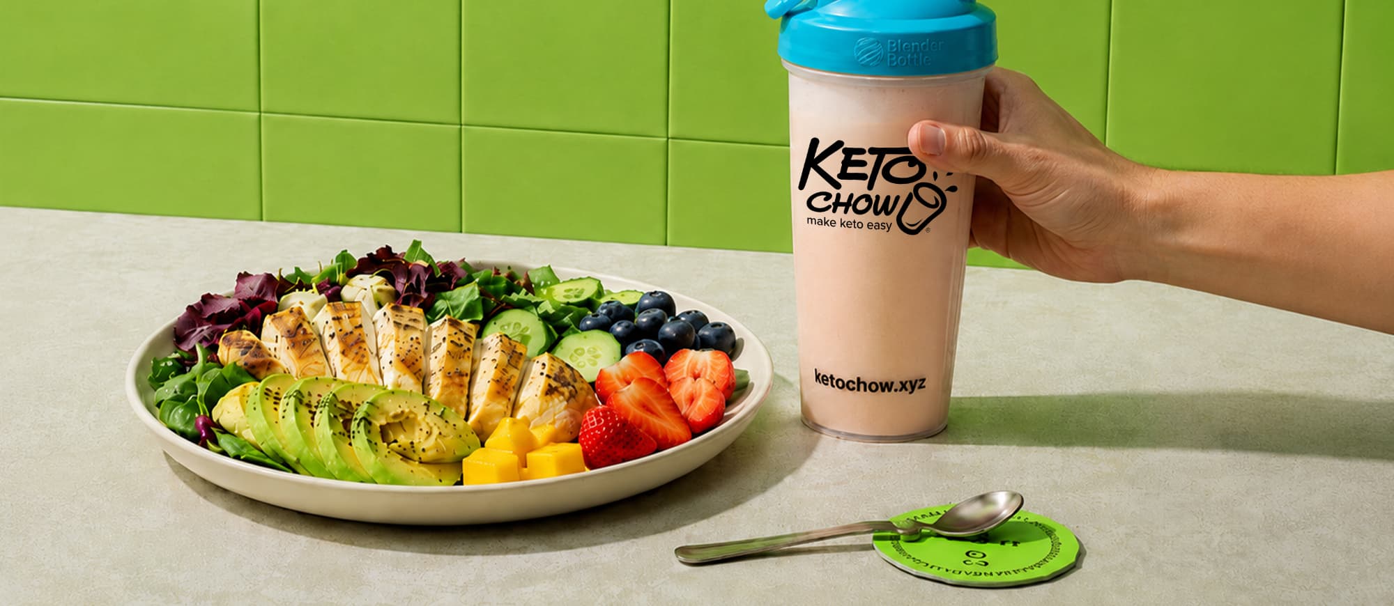 healthy plate of food and a Keto Chow in a BlenderBottle