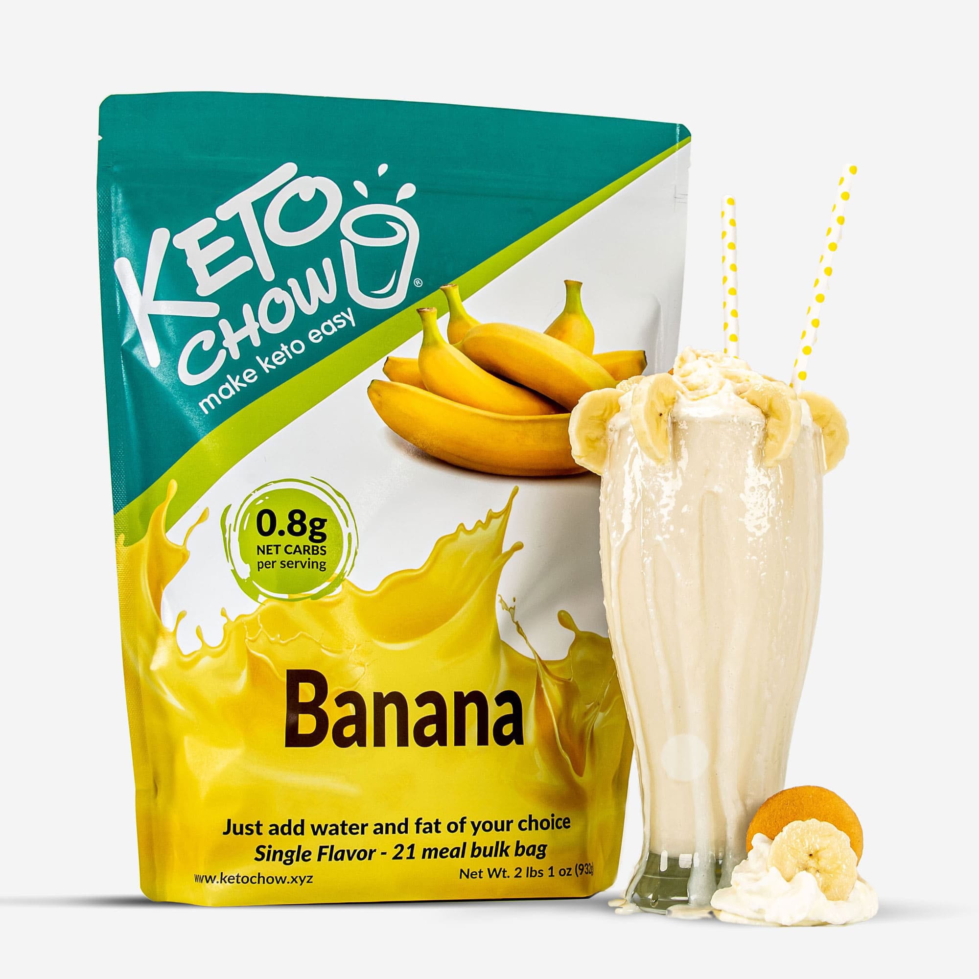 Banana Keto Chow bulk bag and shake