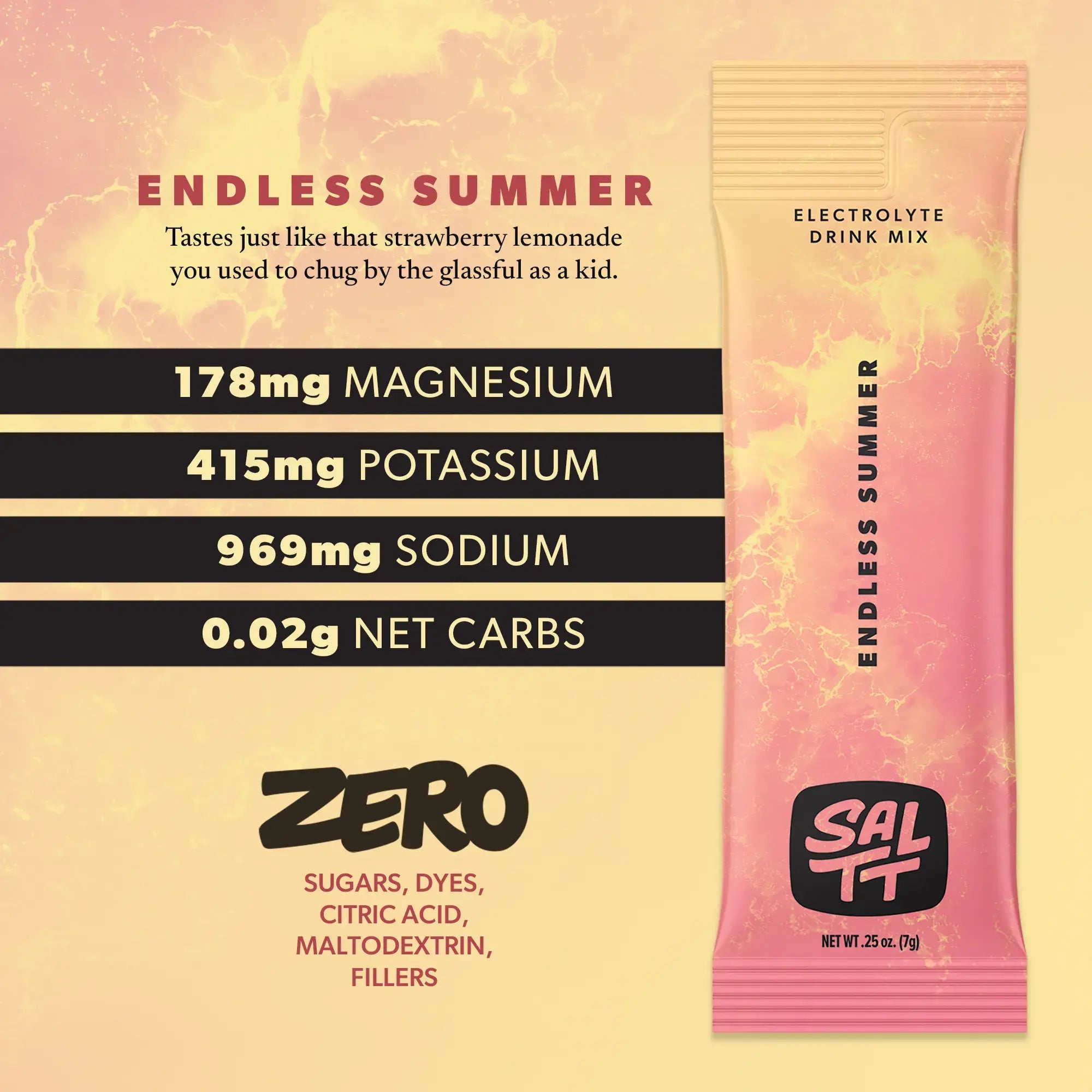 Nutrition for Endless Summer flavor. Endless Summer has 178mg Magnesium, 415mg Potassium, 969mg Sodium, 0.02g net carbs. Zero sugars, dyes, citric acid, maltodextrin, or fillers. See nutrition dropdown for complete supplement facts.