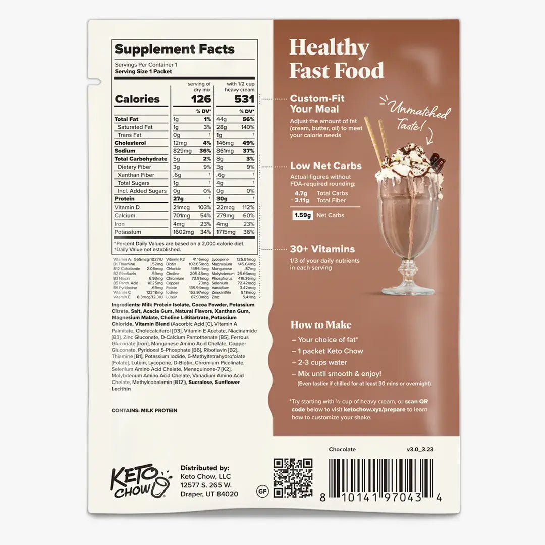 Chocolate single serving back of package