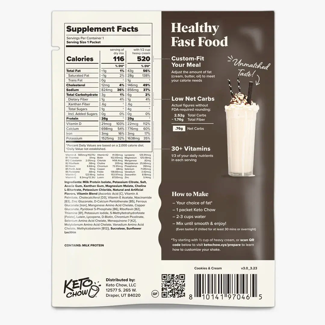Cookies and Cream Keto Chow package back