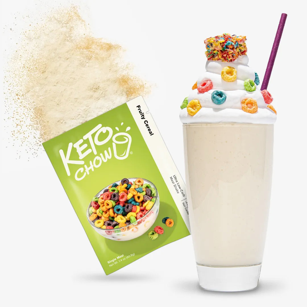 Fruity Cereal Keto Chow single package and shake