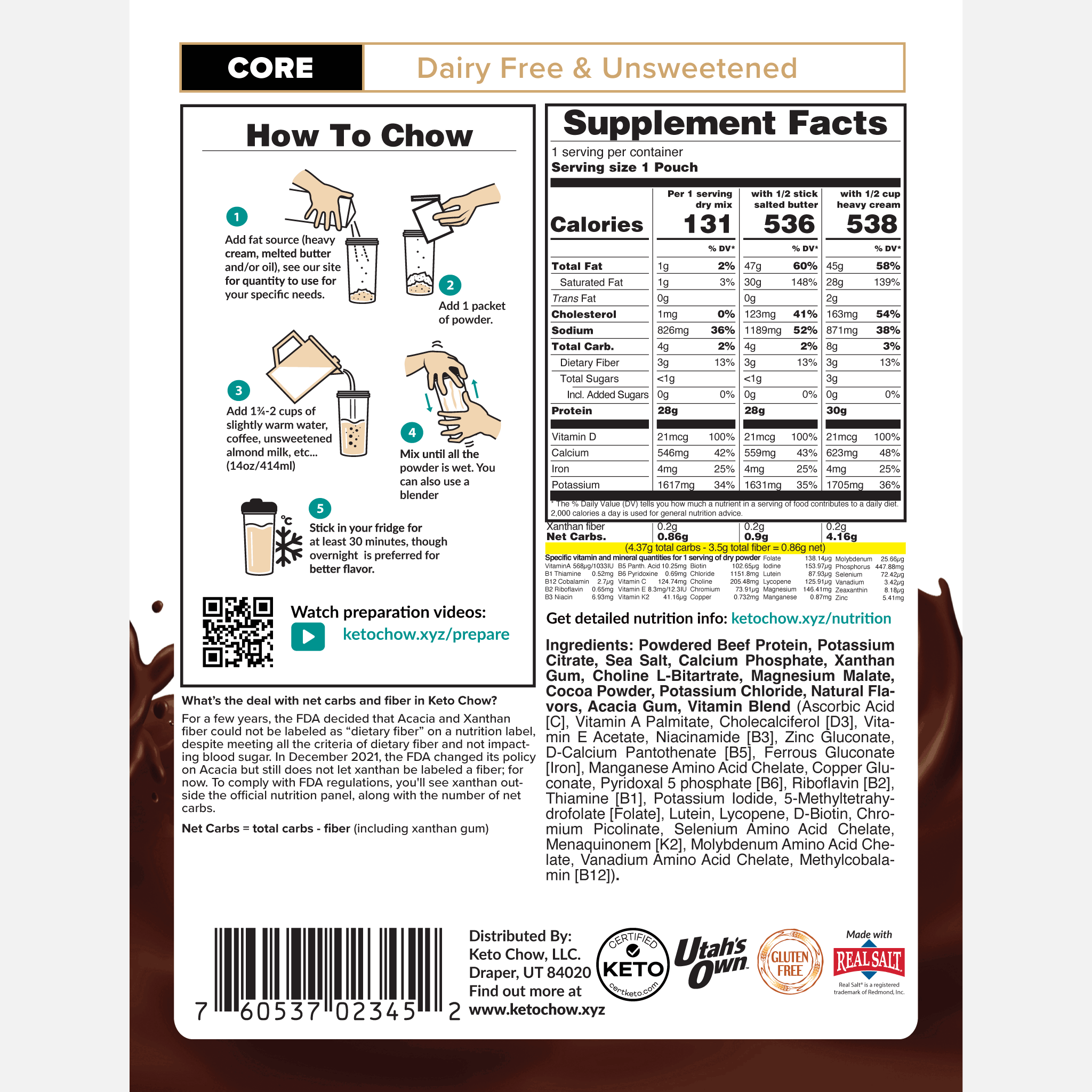 Unsweetened Keto Chow Core nutrition facts